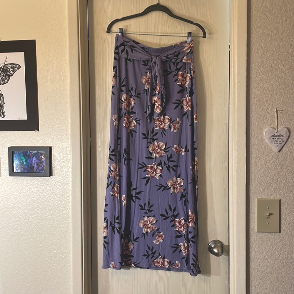 Purple floral maxi skirt with tie and side slits